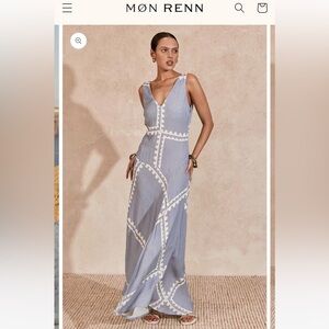 MON RENN SERAPE MIDI DRESS - BLUE POSTCARDS size L 12 NWT $259 resort maxi white